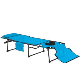 Folding Chaise Tanning Lounge Chair w/ 5-level Reclining Back, Reading Hole, Side Pocket, Headrest, Blue
