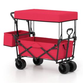 Foldable Utility Wagon,Adjustable Handle Outdoor Wagon, Puncture-Proof Wheels With Brakes, Removable Bag & Side Pockets-Red