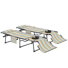2 Piece Folding Chaise Lounge Pool Chairs with 5-level Reclining Back, Reading Hole, Side Pocket, Rainbow Striped