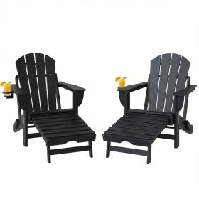 Folding Adirondack Chair Set of 2, HDPE Fire Pit Chair with Retractable Ottoman and Cup Holder, Black